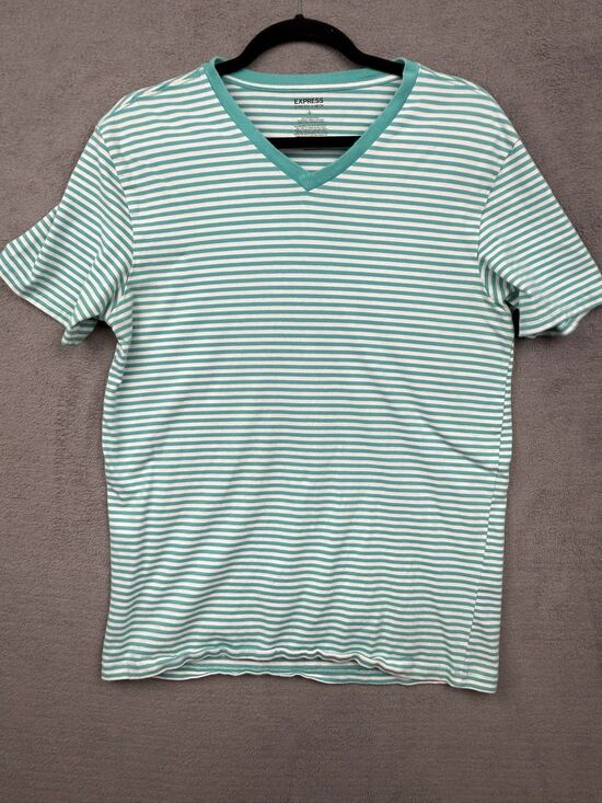 Express Other - Express Mens Shirt Large Teal/White Striped V-Neck - stretchy fee